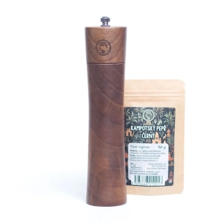 Dřevěný mlýnek s kampotským pepřem, ořech