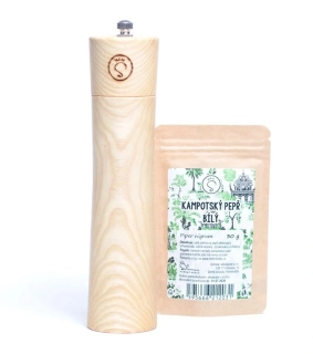 Dřevěný mlýnek s kampotským pepřem, jasan